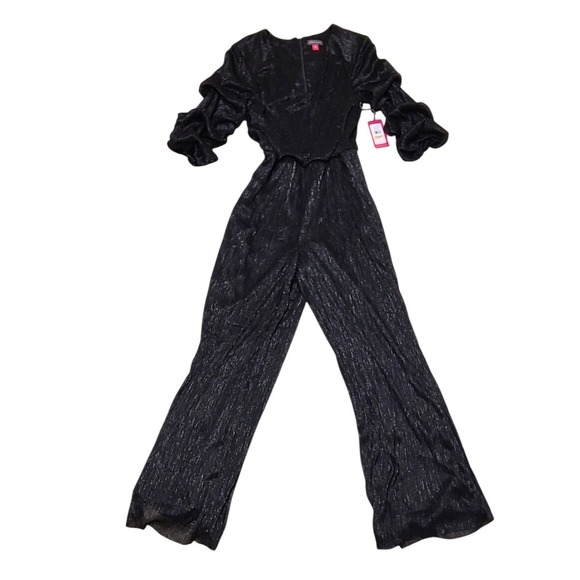 Vince Camuto Black Metallic Ribbed Puff Sleeve Jumpsuit Women's Size S - Picture 2 of 12